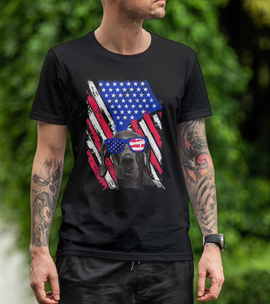 Vintage Great Dane Dog With American USA Flag Sunglasses T-Shirt