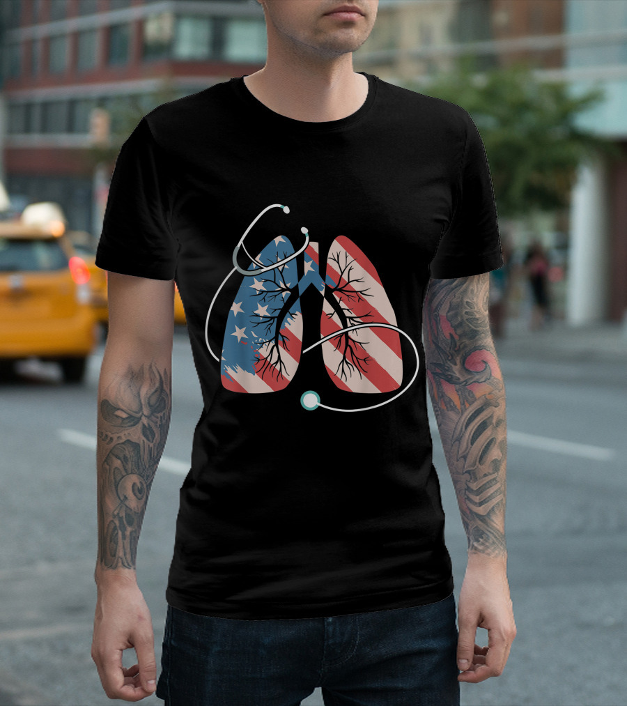 American Flag Respiratory Therapy Patriotic Stethoscope Lungs T-Shirt