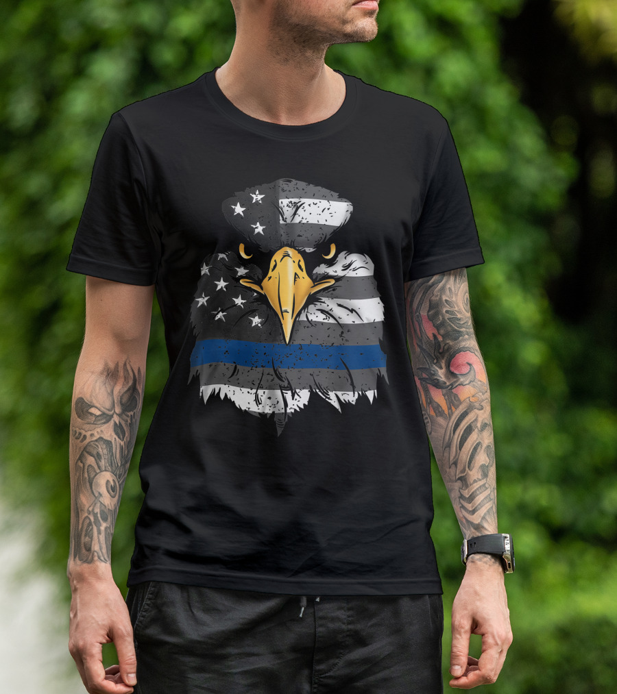 Thin Blue Line Bald Eagle American Flag Police Patriotic USA T-Shirt