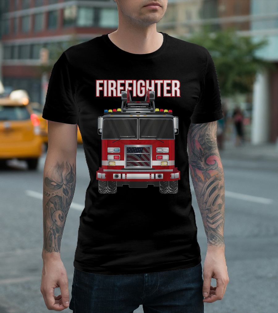 Firefighter American Fire Department Truck Boys Fireman T-Shirt