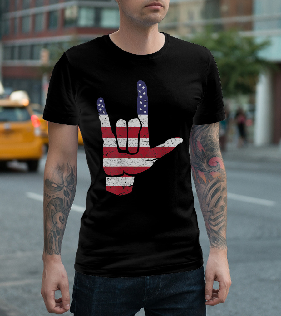 ASL I Love You American Sign Language USA Flag Hand Gesture T-Shirt