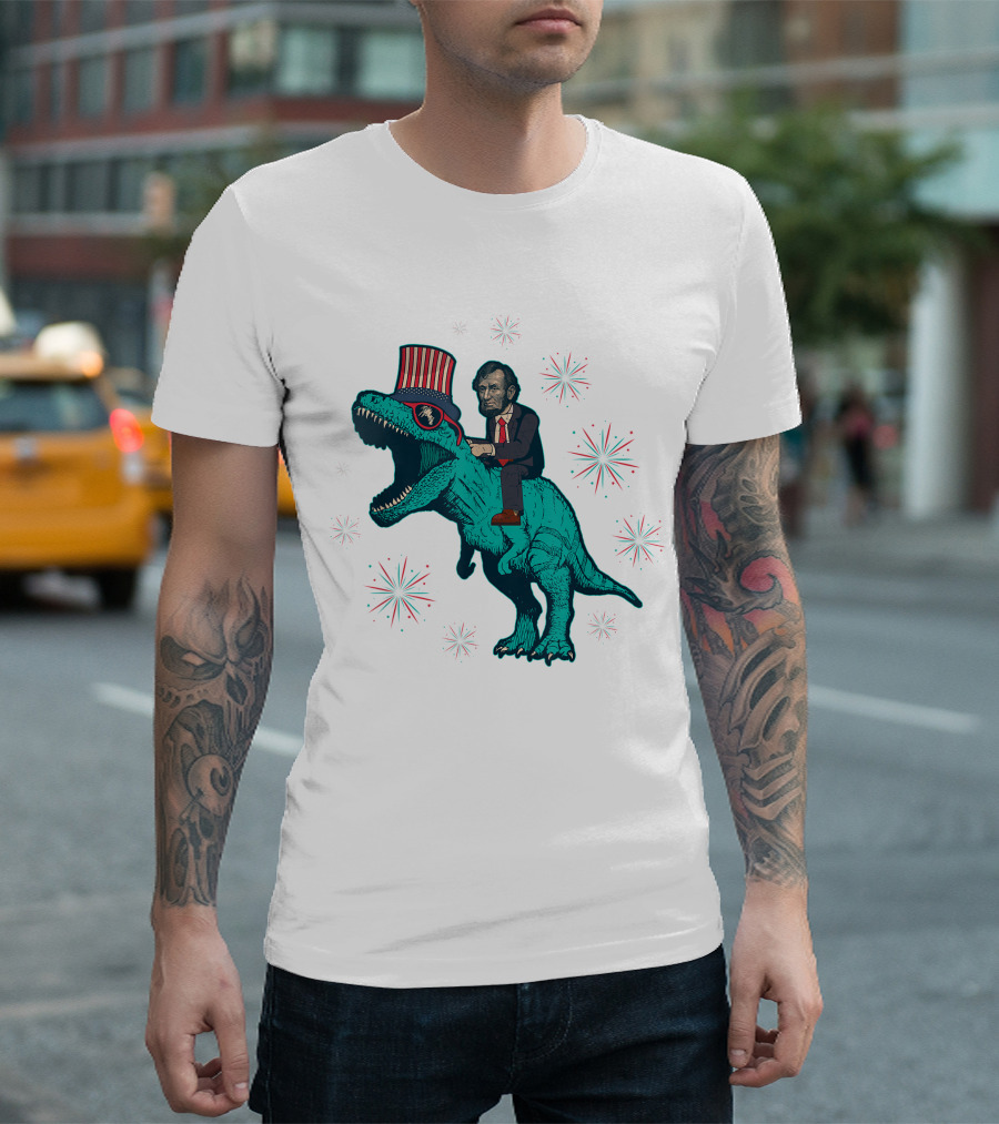 Abraham Lincoln't Rex Dinosaur 4Th Of July American Flag Fireworks Patriotic T-Shirt