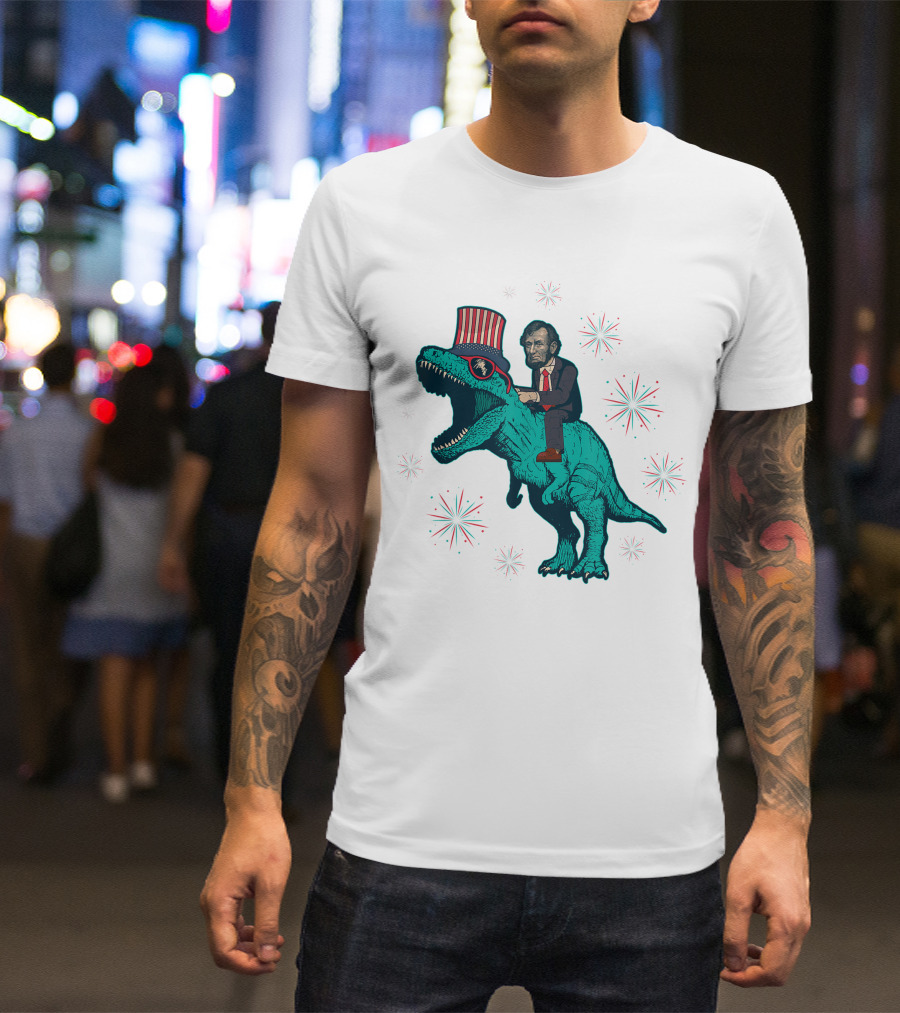 Abraham Lincoln't Rex Dinosaur 4Th Of July American Flag Fireworks Patriotic T-Shirt