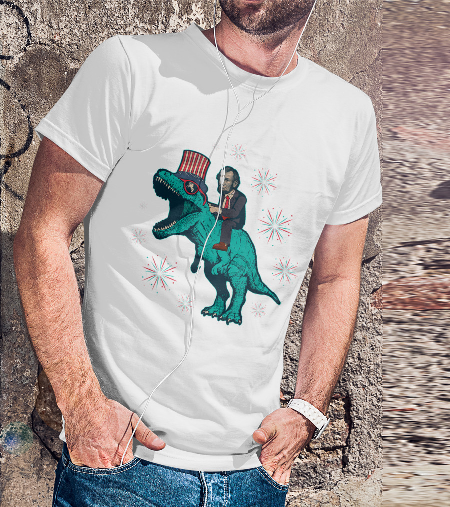 Abraham Lincoln't Rex Dinosaur 4Th Of July American Flag Fireworks Patriotic T-Shirt