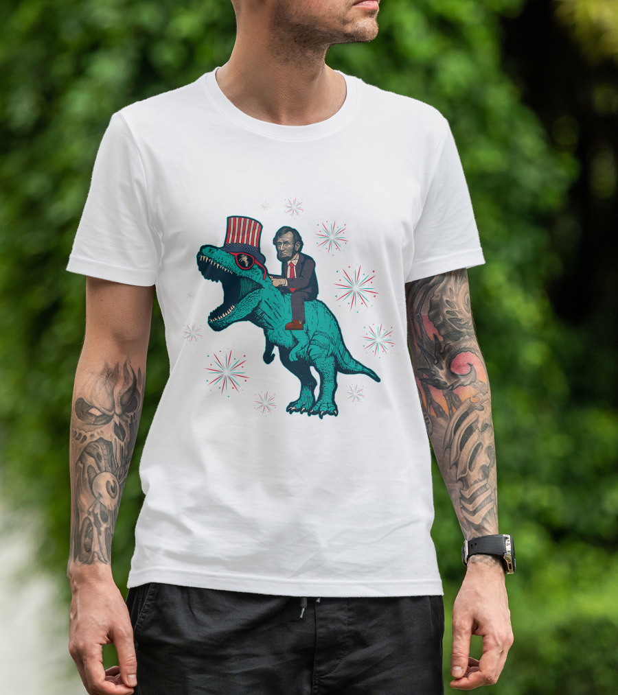 Abraham Lincoln't Rex Dinosaur 4Th Of July American Flag Fireworks Patriotic T-Shirt