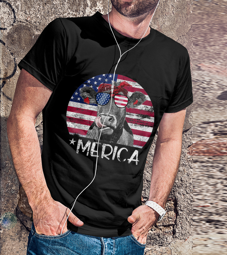 Merica Heifer Cow With American Flag Sunglasses Patriotic 4th Of July T-Shirt