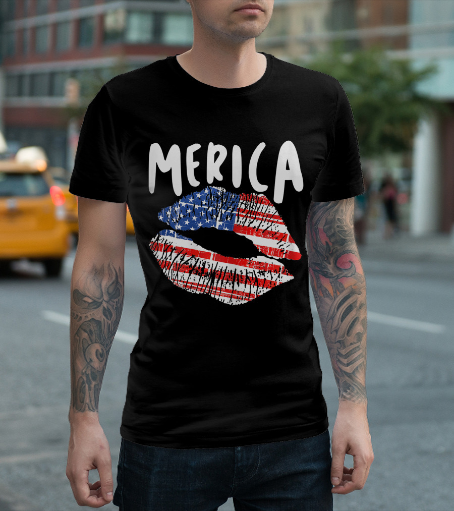 Merica 4Th Of July American Flag Lip Stick T-Shirt
