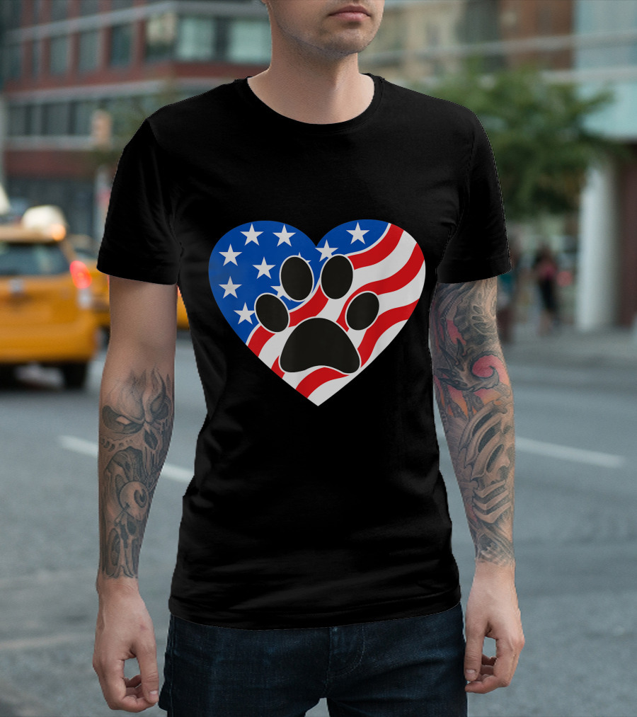 American Flag Heart Dog and Cat Paw Print 4th of July T-Shirt