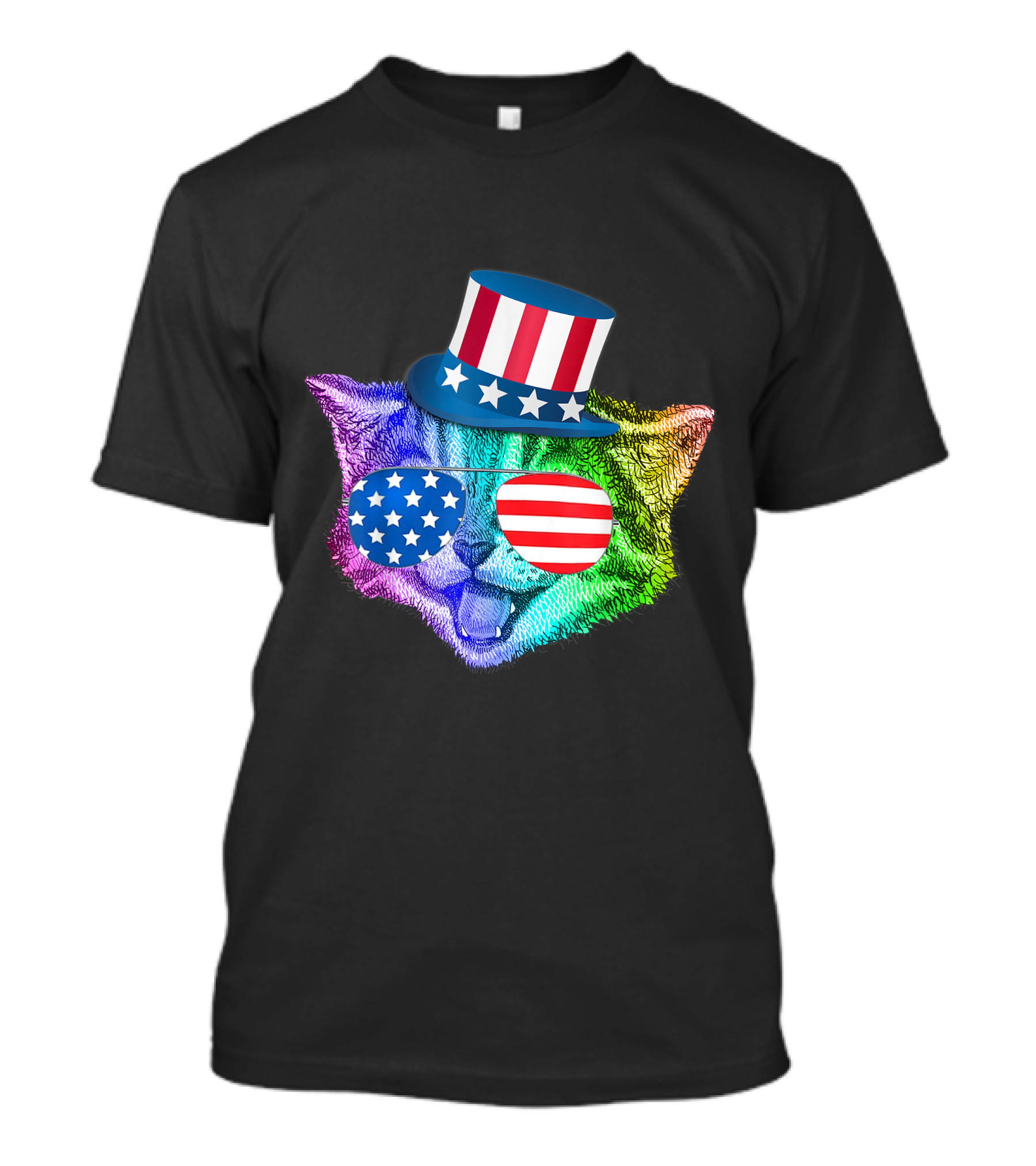 Rainbow Feline Cat Wearing American Flag Hat And Glasses For 4th Of July T-Shirt