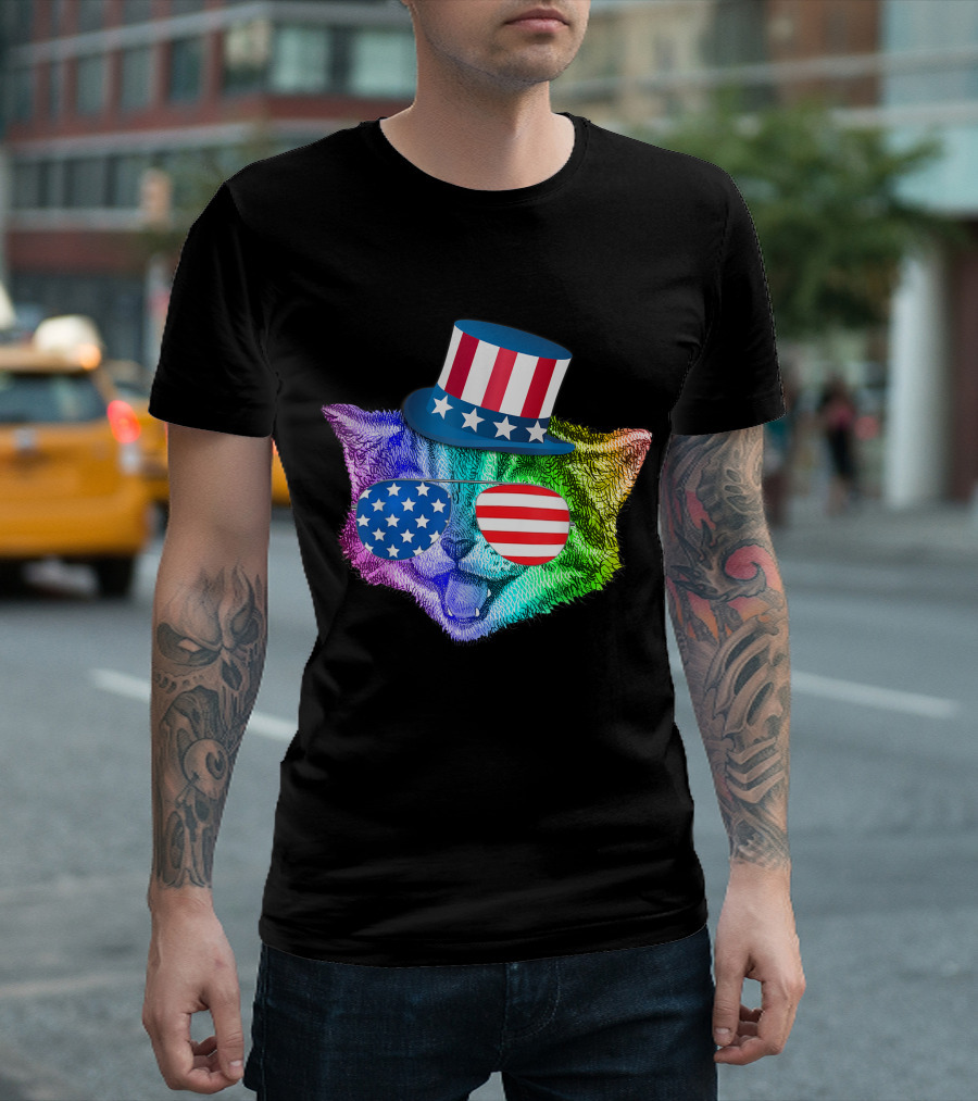 Rainbow Feline Cat Wearing American Flag Hat And Glasses For 4th Of July T-Shirt
