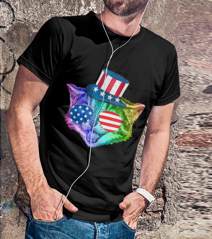 Rainbow Feline Cat Wearing American Flag Hat And Glasses For 4th Of July T-Shirt