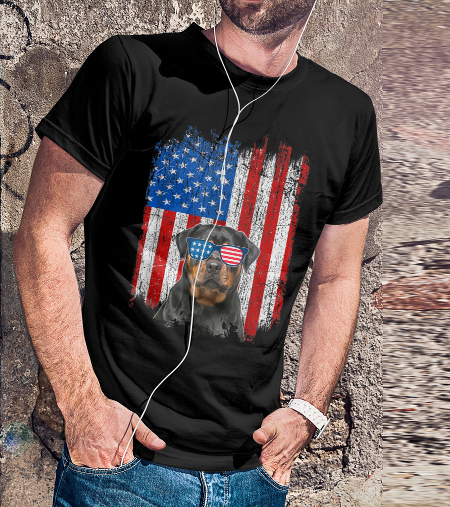Rottweiler USA American Flag Funny Dog With Sunglasses T-Shirt