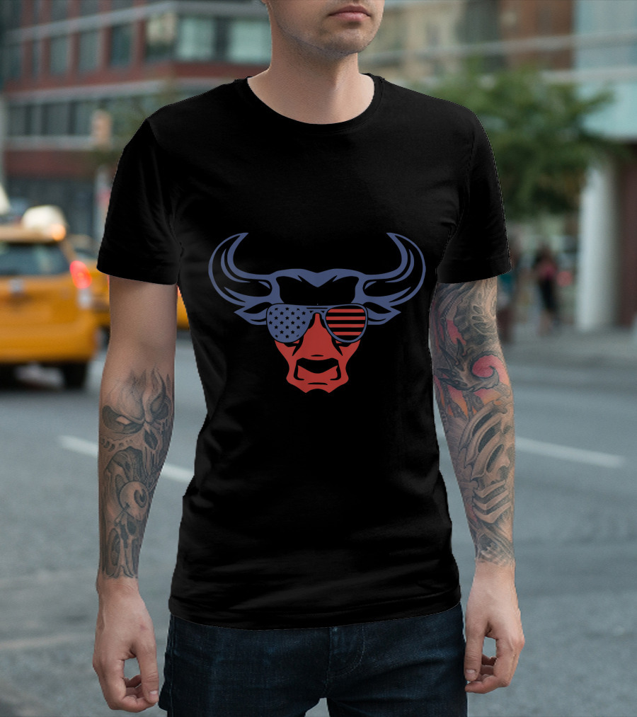 American Patriotic Bull With Flag Sunglasses T-Shirt