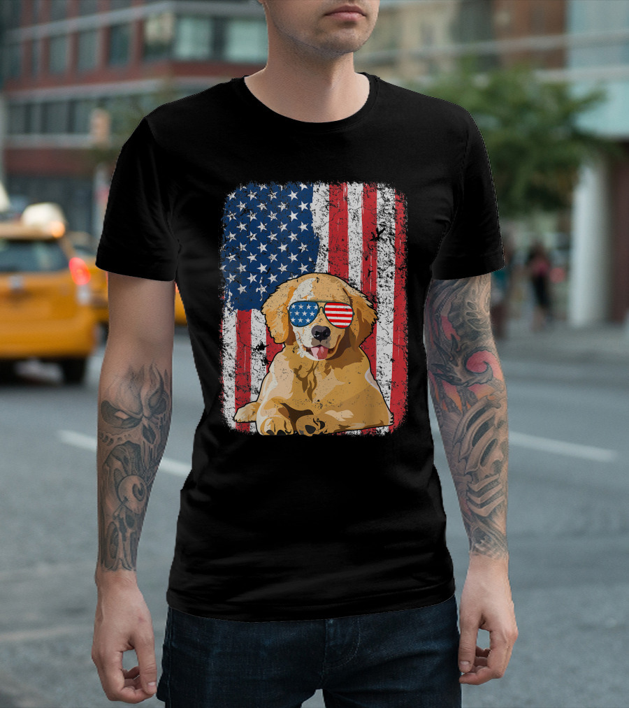 Distressed American USA Flag Golden Retriever Dog with Patriotic Sunglasses T-Shirt