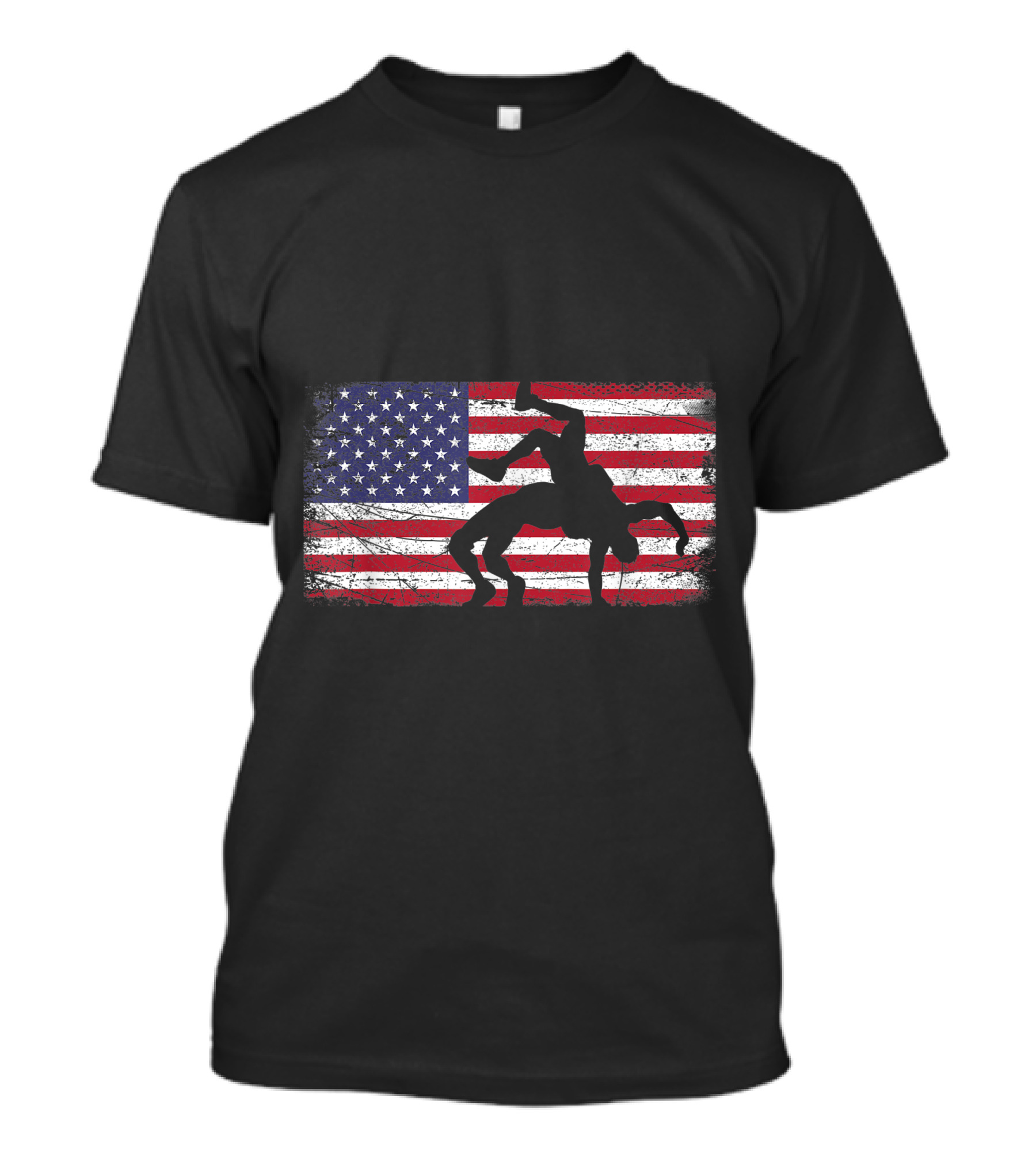 Wrestling Silhouette Over Distressed American Flag For Wrestler T-Shirt