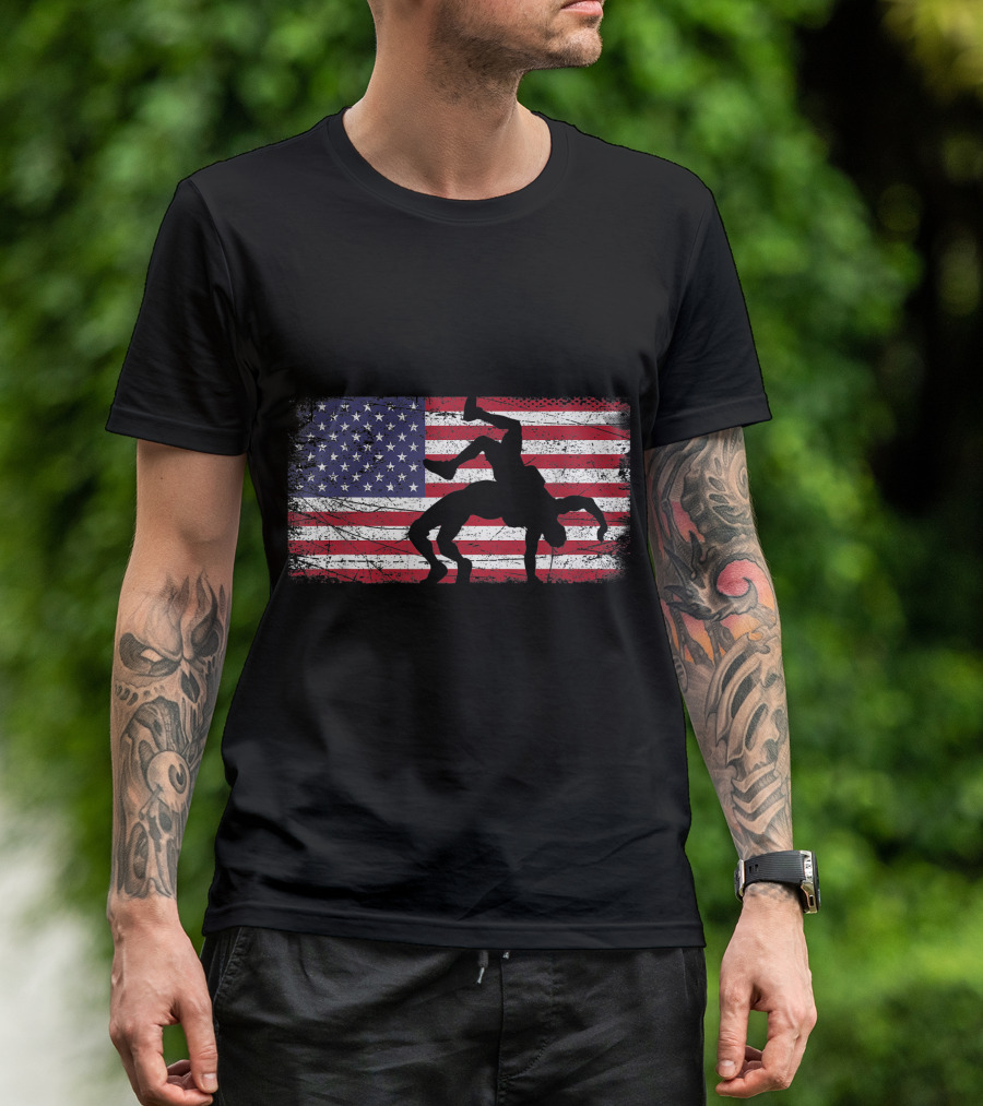 Wrestling Silhouette Over Distressed American Flag For Wrestler T-Shirt