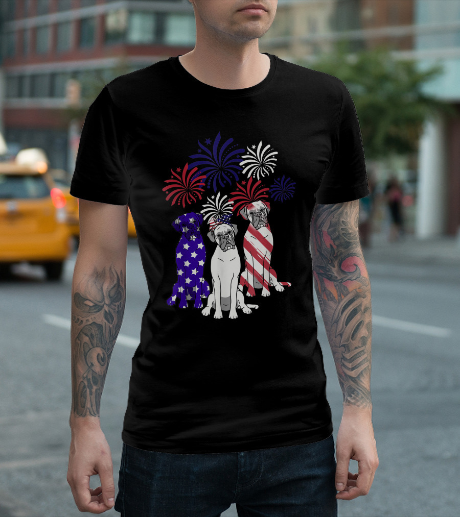 American Flag Boxer Dog Fireworks 4th Of July T-Shirt