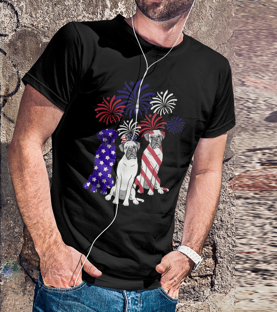 American Flag Boxer Dog Fireworks 4th Of July T-Shirt