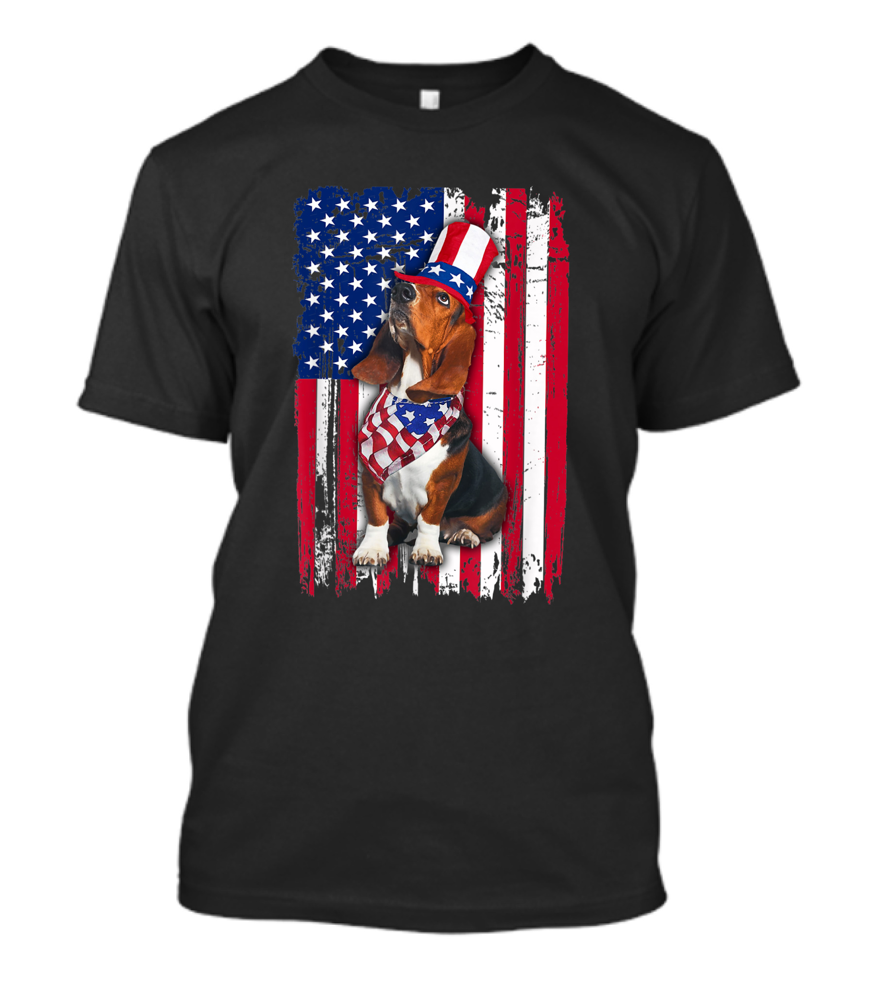 Basset Hound In Patriotic American Flag Attire For July 4th T-Shirt