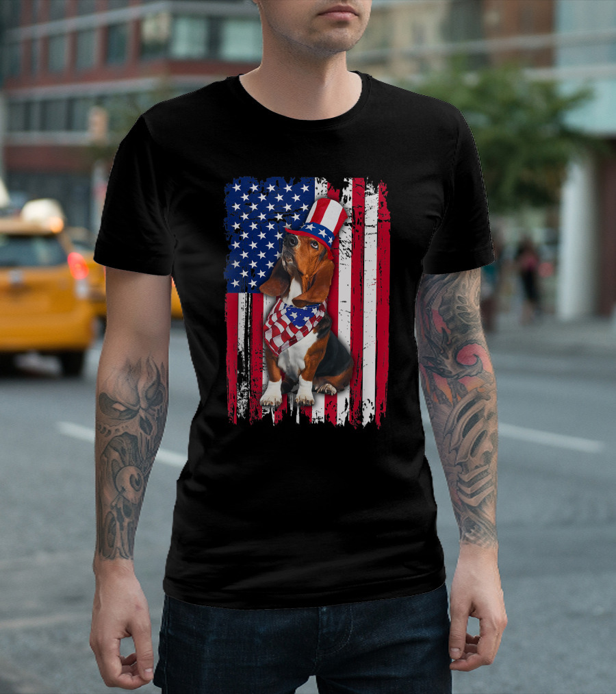Basset Hound In Patriotic American Flag Attire For July 4th T-Shirt