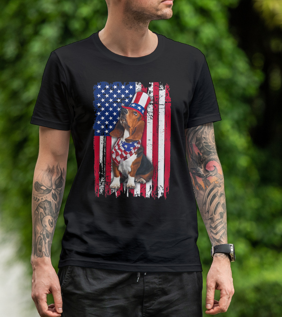 Basset Hound In Patriotic American Flag Attire For July 4th T-Shirt