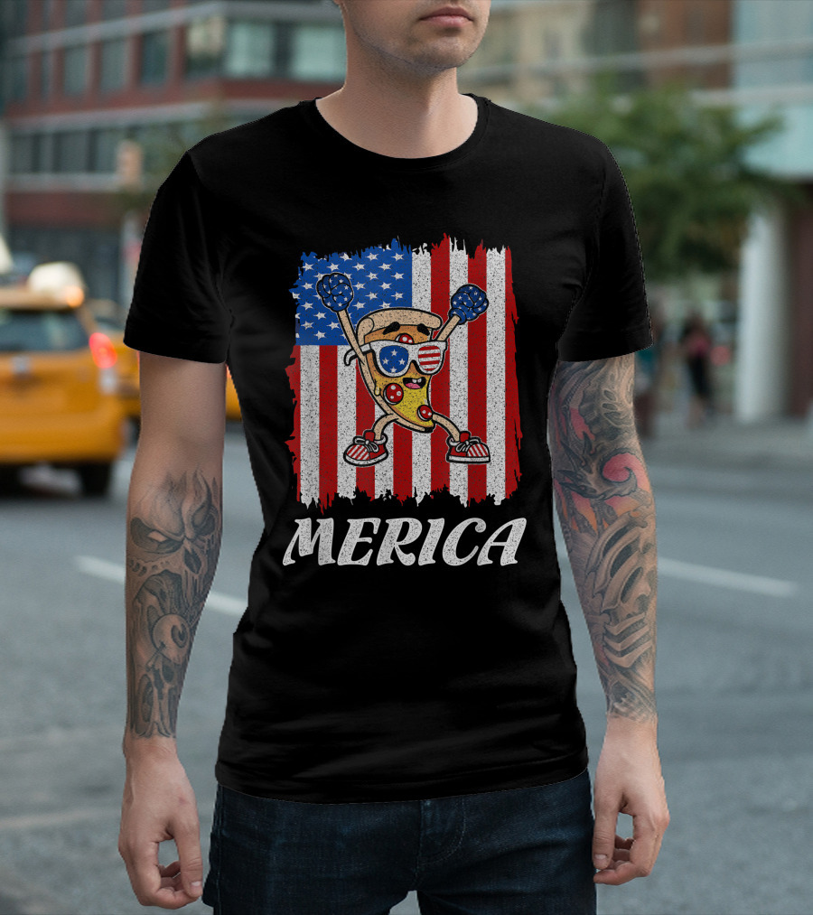 Pizza With Sunglasses Boxing Gloves American Flag Merica 4th July T-Shirt