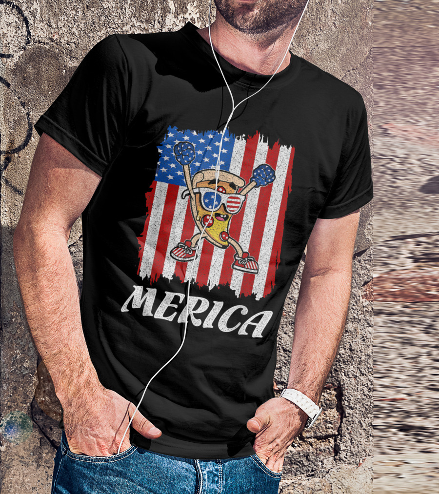 Pizza With Sunglasses Boxing Gloves American Flag Merica 4th July T-Shirt