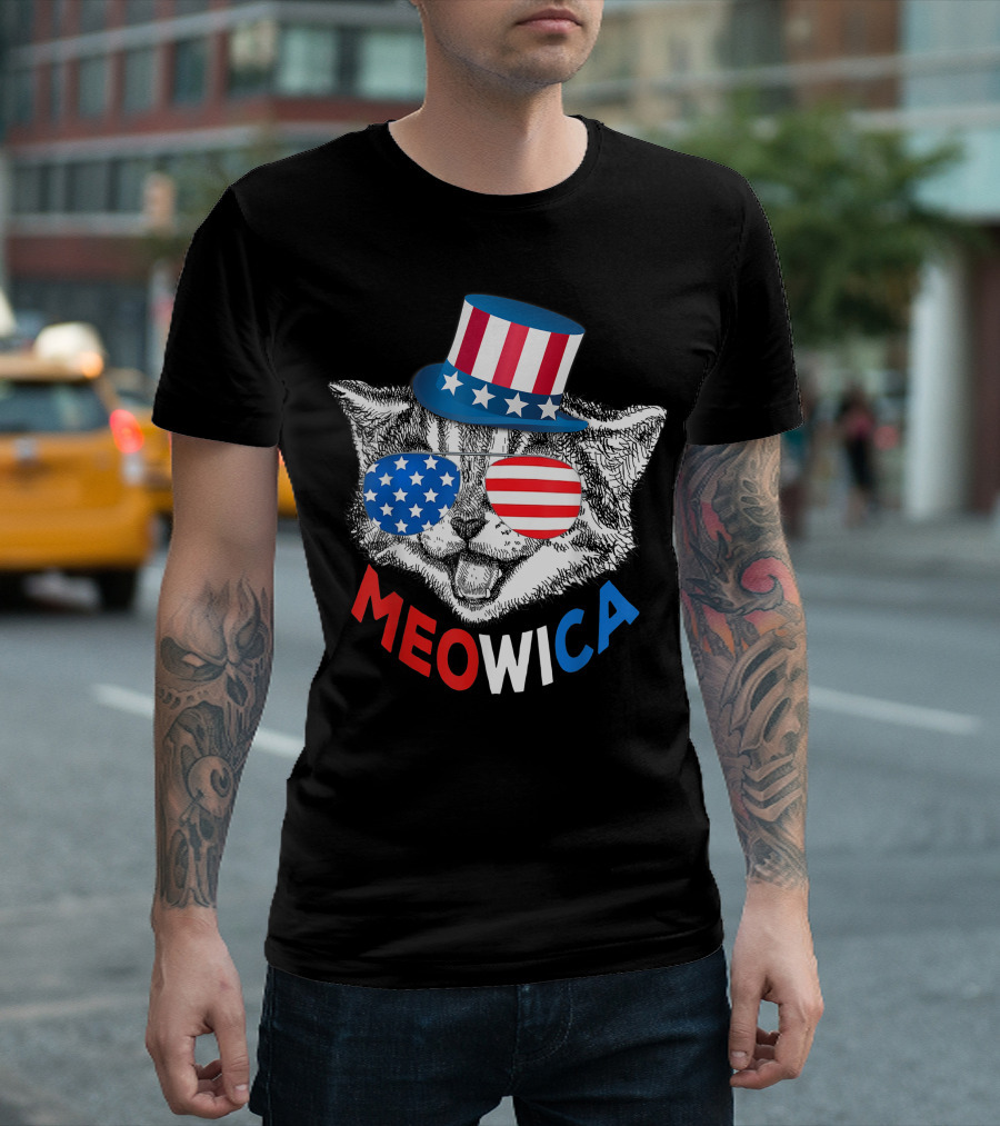 Red White Blue Cat Meowica 4Th Of July American Flag Hat Sunglasses T-Shirt