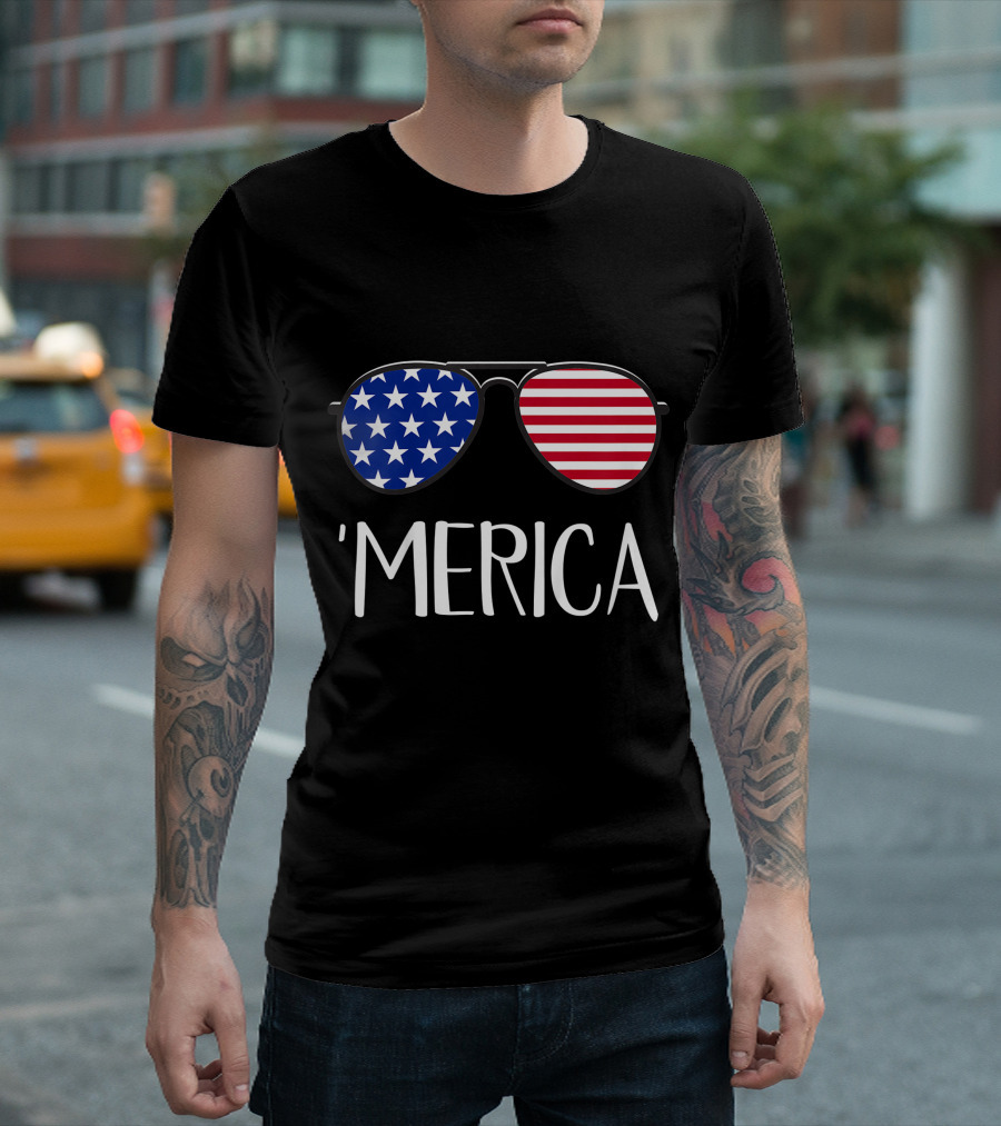 Kids 'Merica American Flag Sunglasses 4th of July T-Shirt