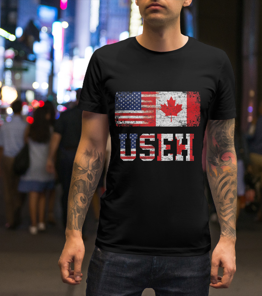 USEH Leaf Canadian American Flag Canada USA Flag T-Shirt