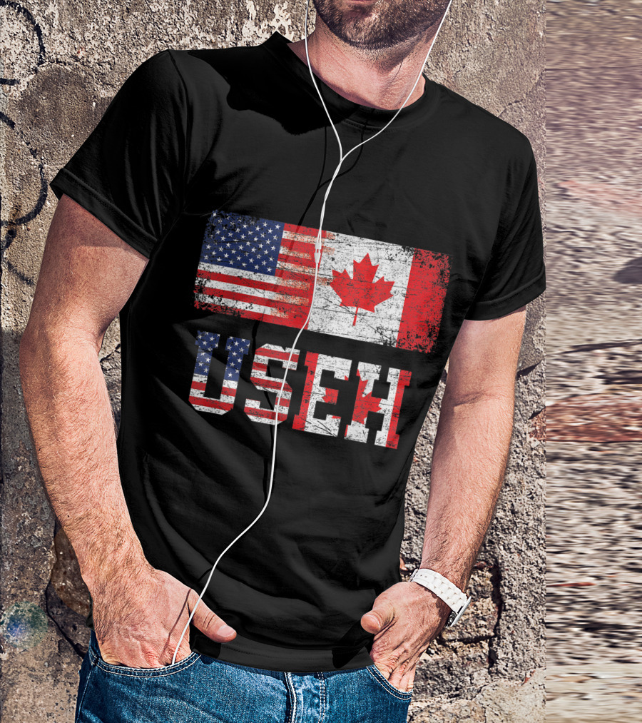 USEH Leaf Canadian American Flag Canada USA Flag T-Shirt