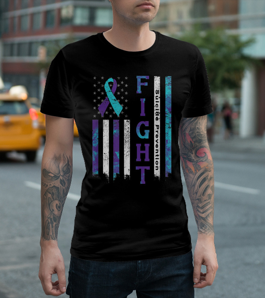 Fight Suicide Prevention Awareness Ribbon American Flag T-Shirt