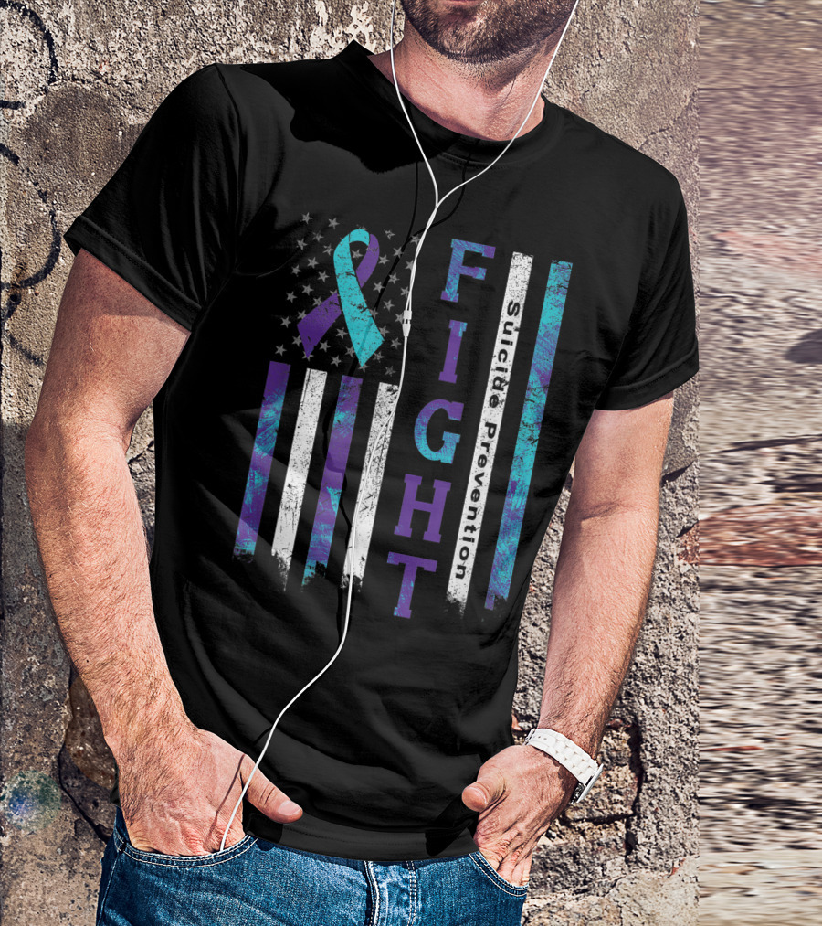 Fight Suicide Prevention Awareness Ribbon American Flag T-Shirt