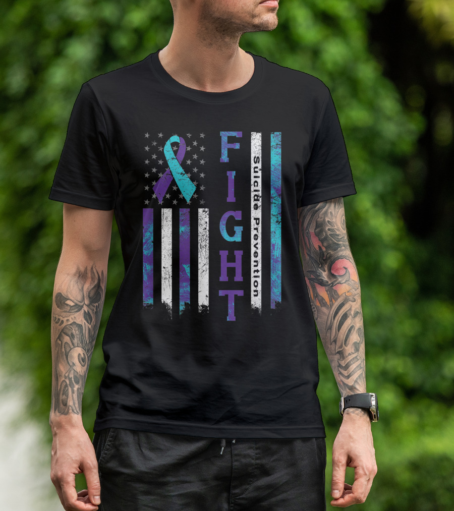 Fight Suicide Prevention Awareness Ribbon American Flag T-Shirt