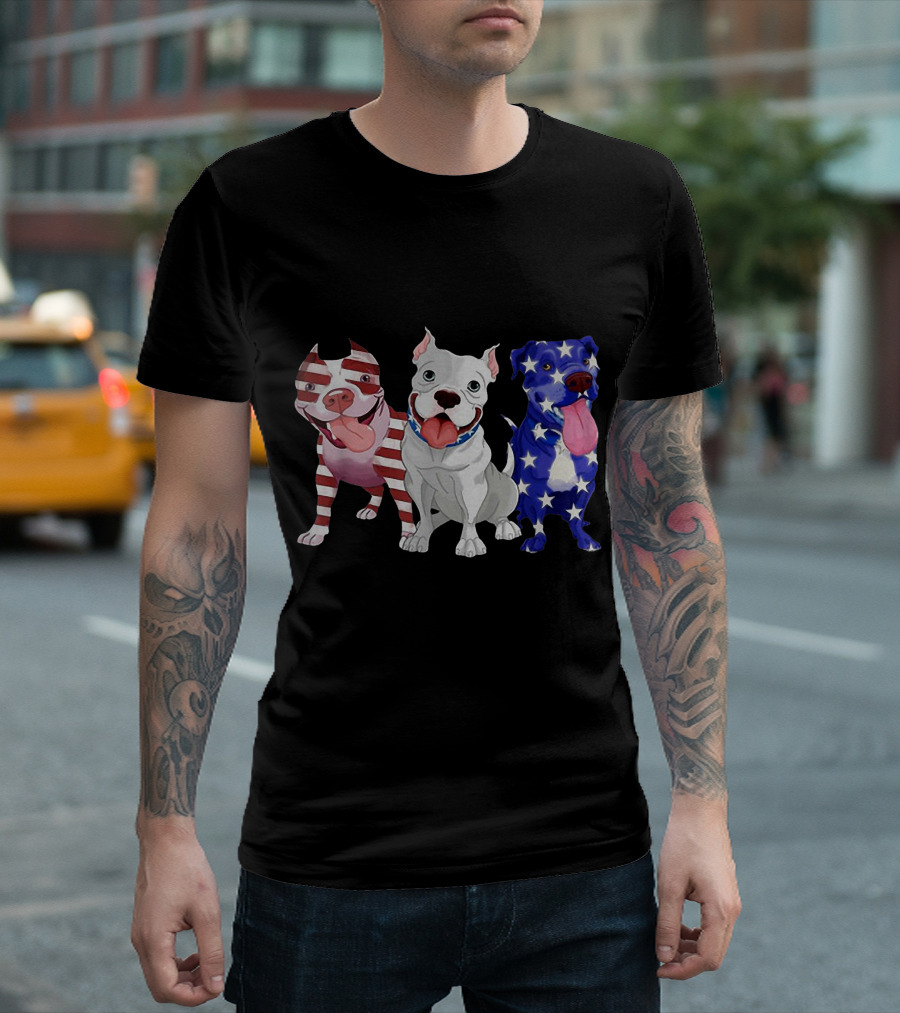 Pitbull Red White Blue Stars American Flag 4Th Of July Dog Trio T-Shirt