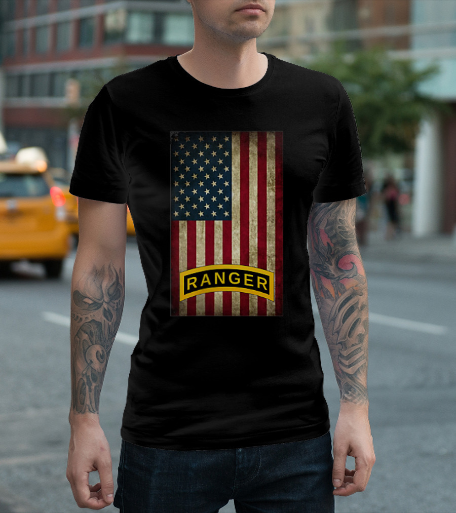 American Flag With Army Ranger Tab T-Shirt