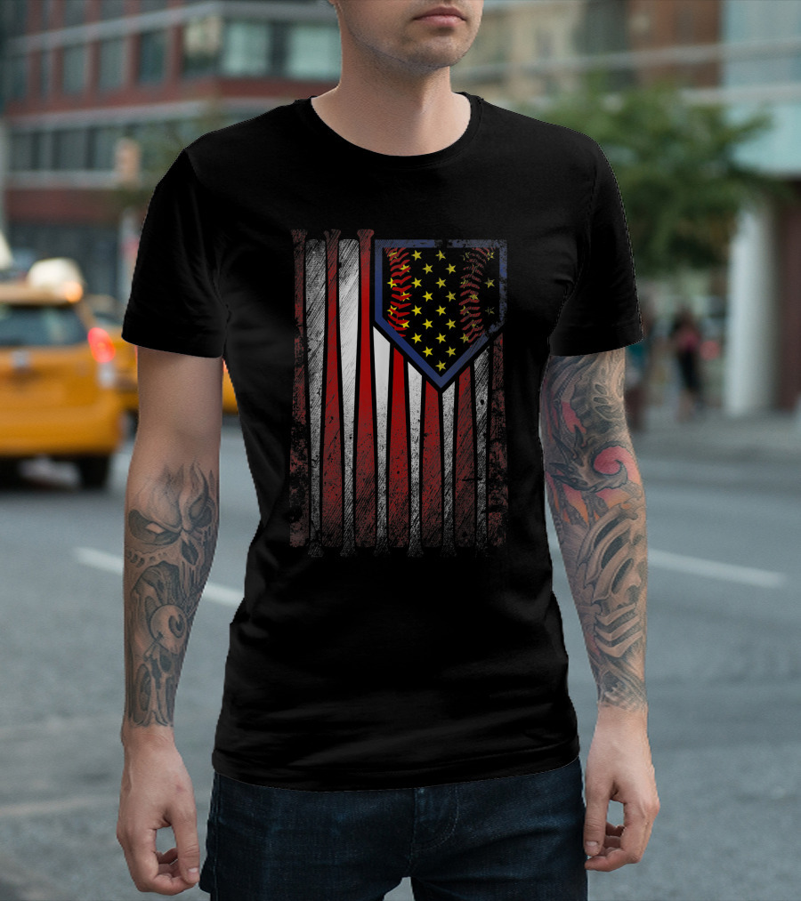 Vintage USA Patriotic Softball Bat American Flag T-Shirt