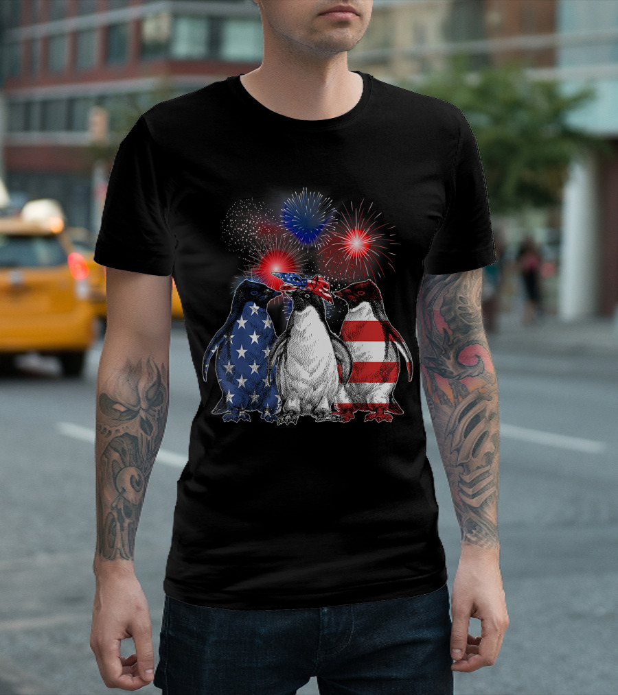 July 4th Penguin Trio with American Flag Patterns and Fireworks USA Fourth T-Shirt