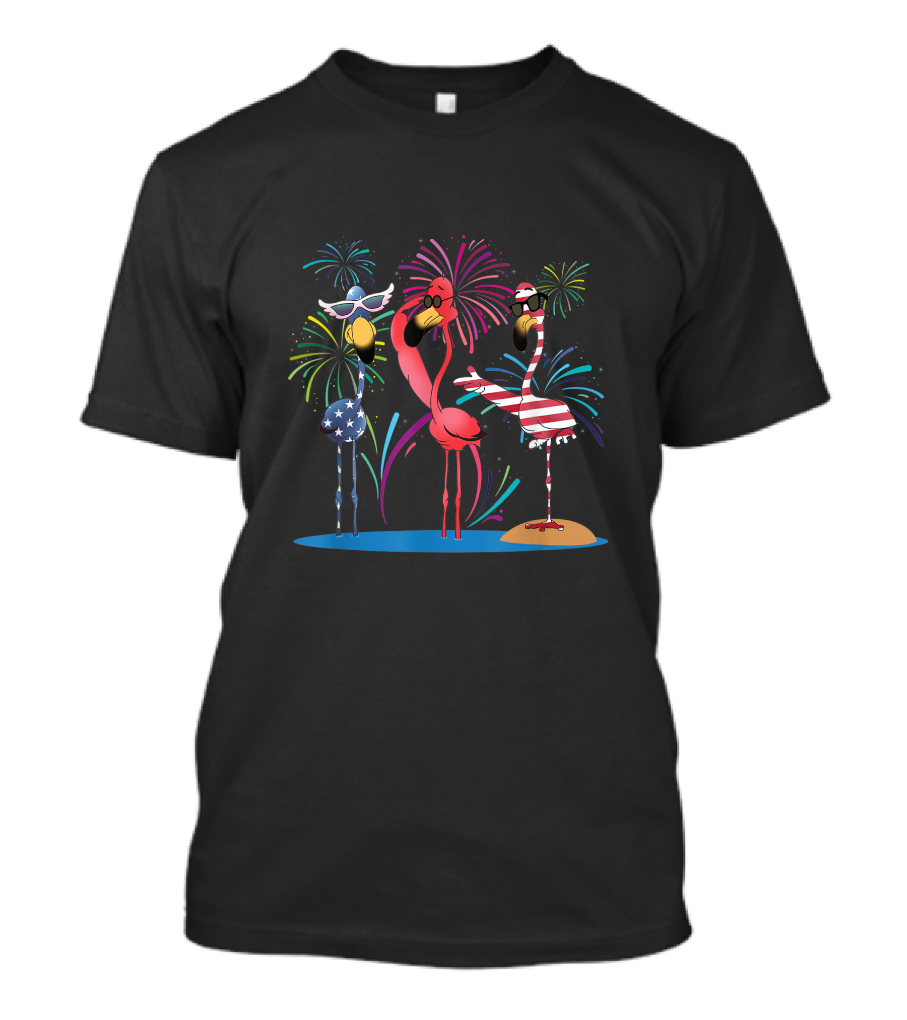 4th Of July Flamingo Party With Fireworks And American Flag Motifs T-Shirt