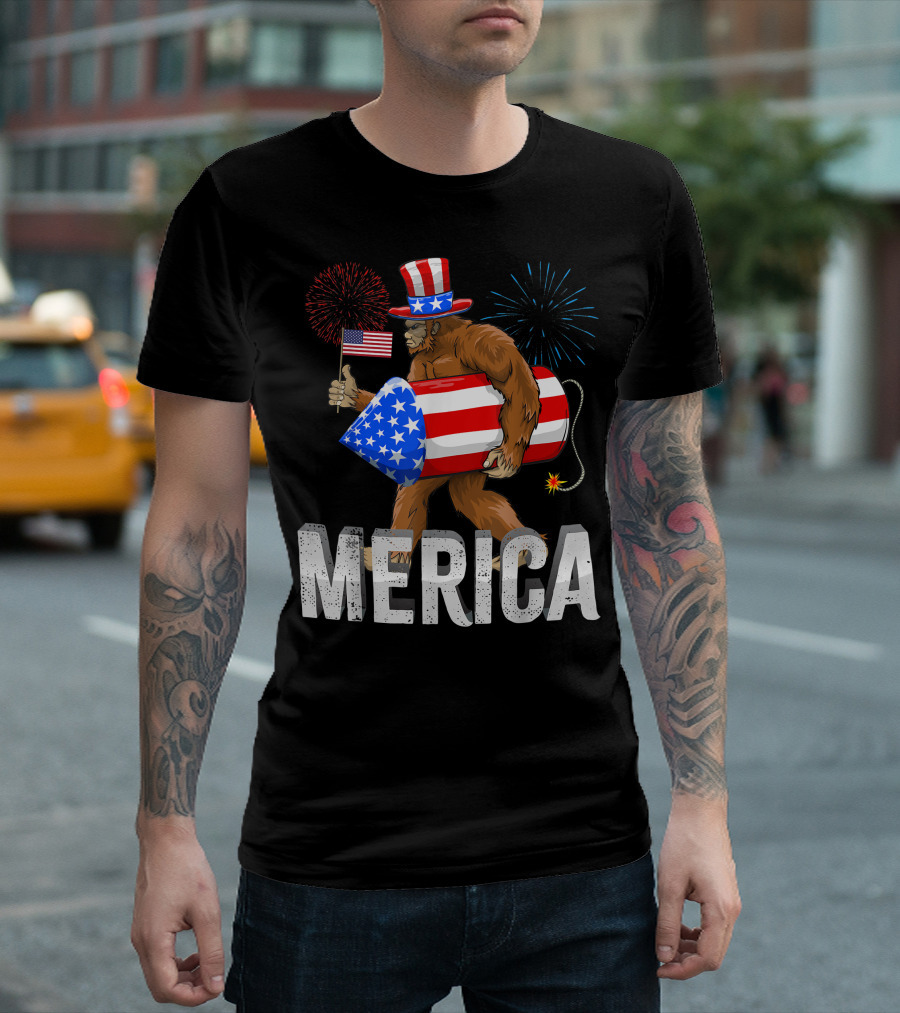 Bigfoot Merica Firecracker American Flag 4th Of July Sasquatch T-Shirt