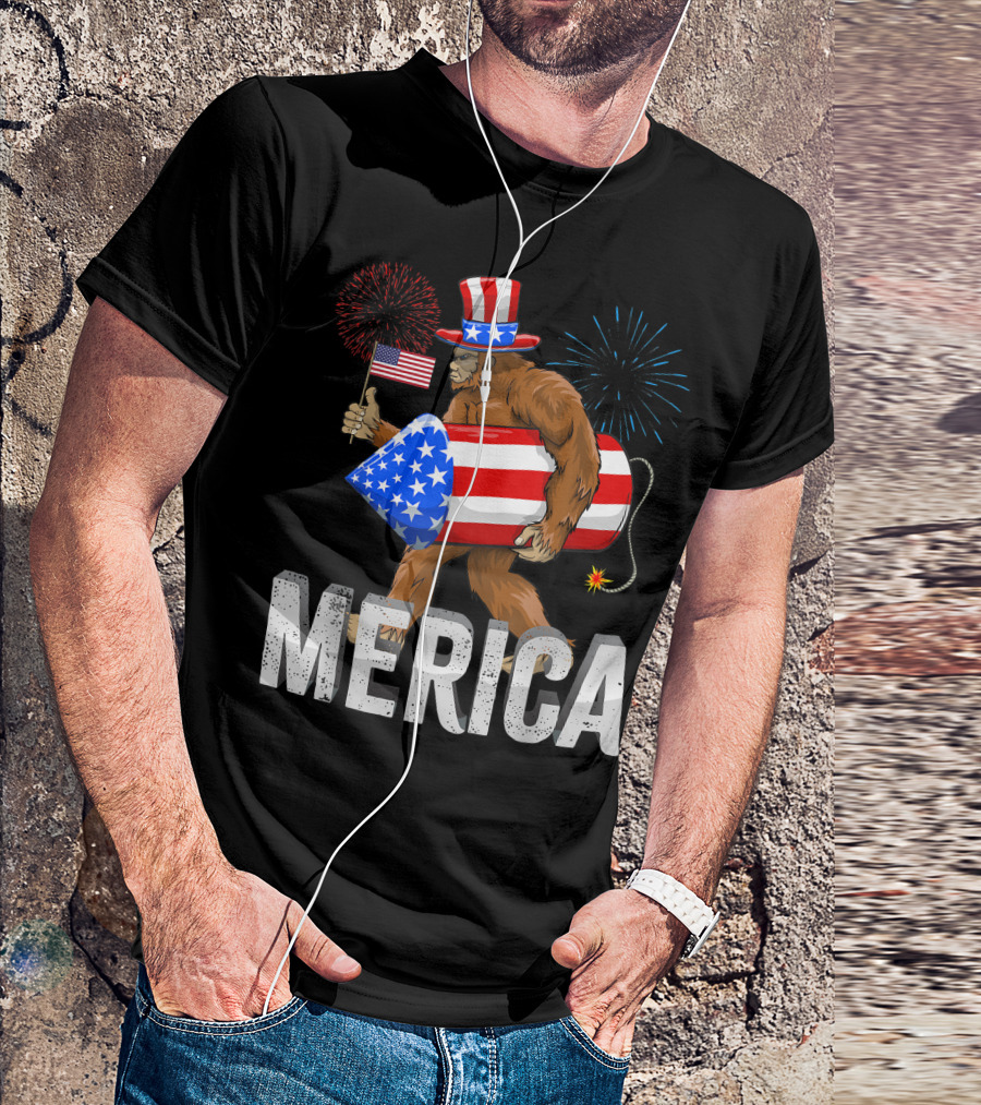 Bigfoot Merica Firecracker American Flag 4th Of July Sasquatch T-Shirt
