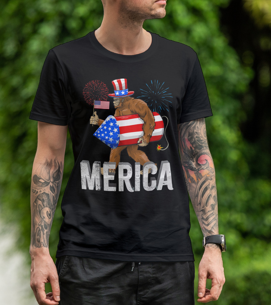Bigfoot Merica Firecracker American Flag 4th Of July Sasquatch T-Shirt