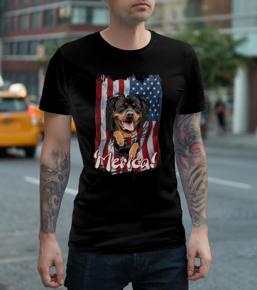 Merica 4th Of July Rottweiler Dog American Flag T-Shirt