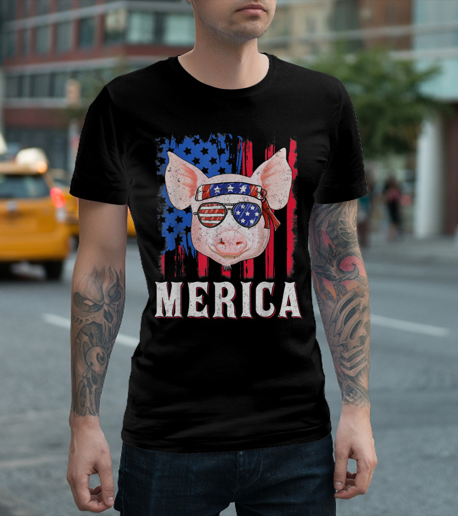 Patriotic 'Merica Pig With American Flag Sunglasses And Bandana T-Shirt