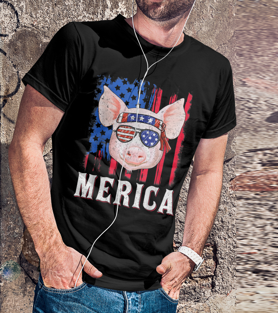 Patriotic 'Merica Pig With American Flag Sunglasses And Bandana T-Shirt