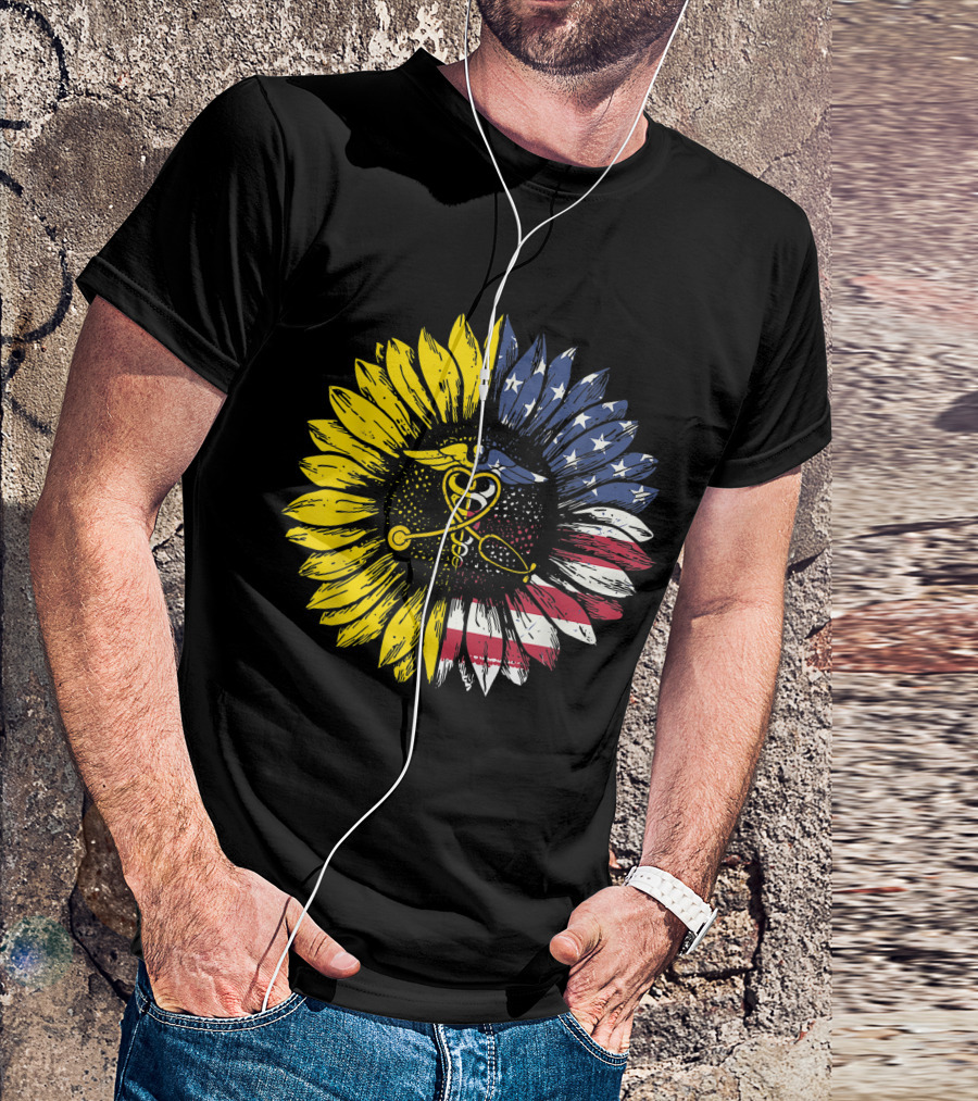 Sunflower American Flag Nurse Caducues July T-Shirt