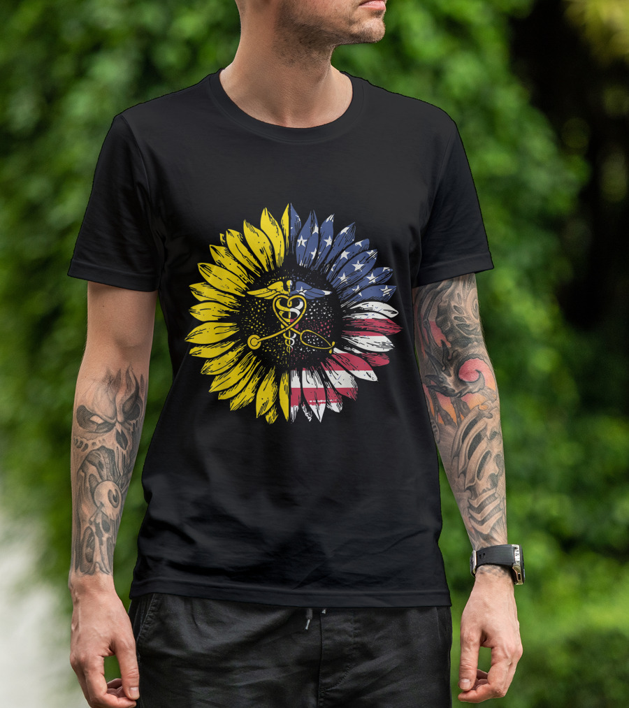 Sunflower American Flag Nurse Caducues July T-Shirt