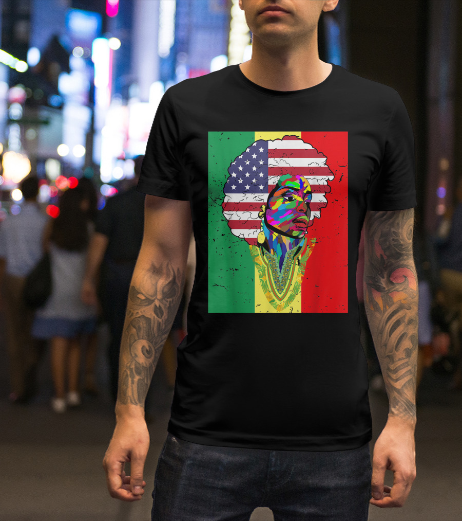 Juneteenth African American Melanin Dashiki With American Flag Afro And Rasta Colors T-Shirt