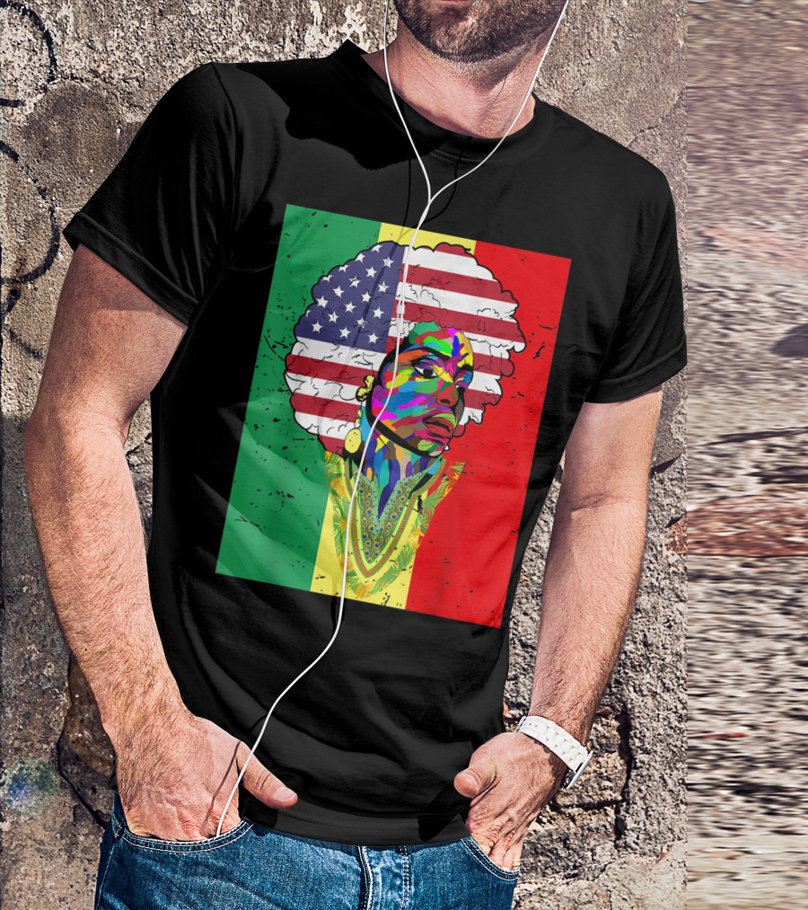 Juneteenth African American Melanin Dashiki With American Flag Afro And Rasta Colors T-Shirt