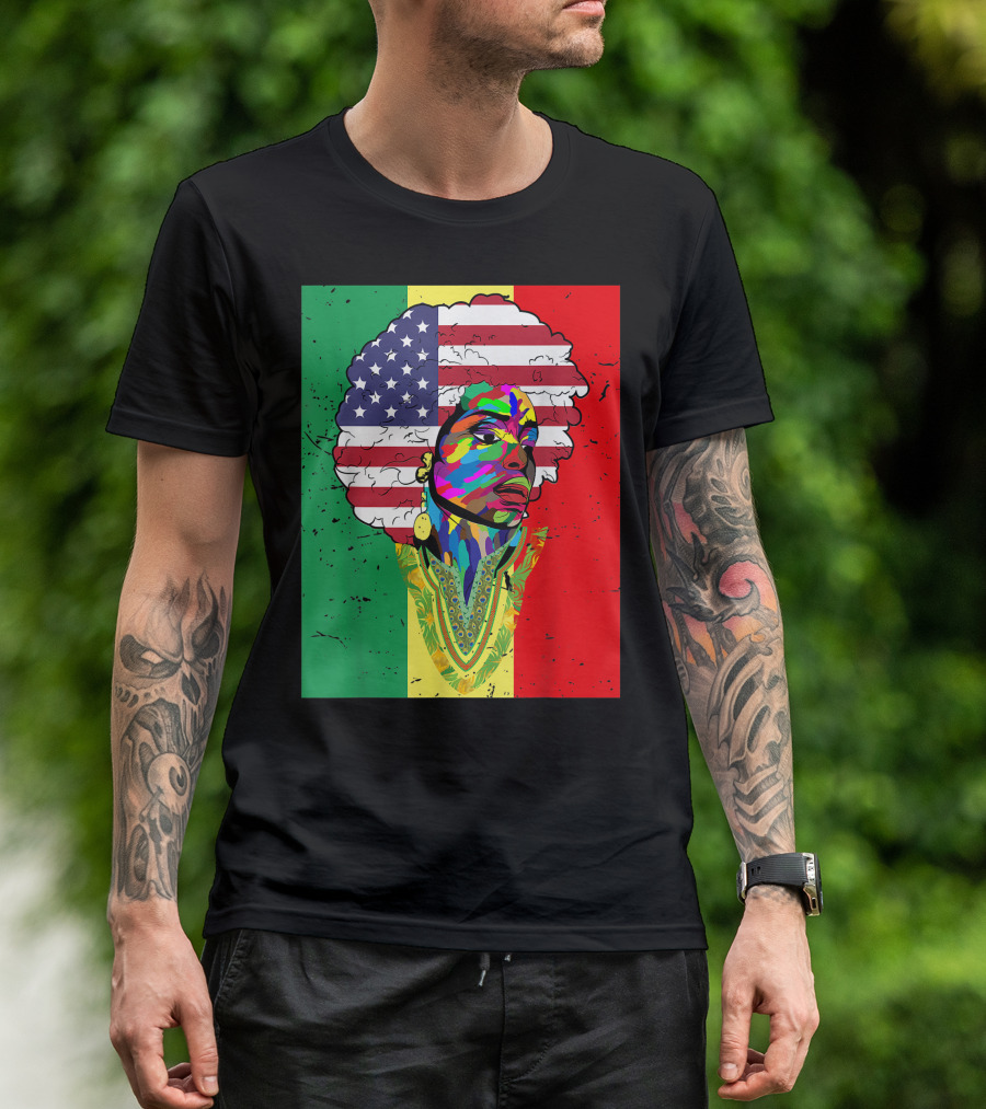 Juneteenth African American Melanin Dashiki With American Flag Afro And Rasta Colors T-Shirt